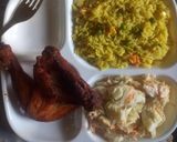 A picture of step 8 of Fried Rice/chicken peri peri/egg salad.