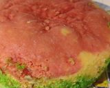 A picture of step 4 of Tricolour Dhokla with Spinach and Beet.