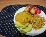 A picture of step 17 of Tumeric rice with sausages, egg curry and salad.