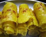 A picture of step 3 of Mungdal Khandvi roll.