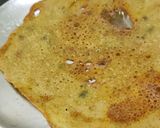 A picture of step 3 of Onion Rava Dosa with nariyal chutney, sambar.