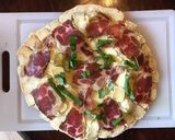 A picture of step 4 of California Farm Serrano Ham & Brie Pizza.