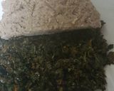 A picture of step 6 of African ugali wimbi served with (terere)fried with minced meat.