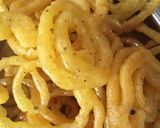 A picture of step 6 of Fafda, jalebi with chutney and salad.