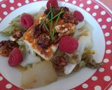 A picture of step 5 of 10 min veggie lunch: chicory with baked cheese and walnuts.