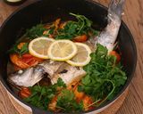 A picture of step 4 of Acqua pazza with sea bass and prawns in 30 mins! + Delicious pasta idea using remaining soup.