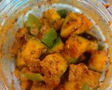 A picture of step 4 of Raw Mango green chili aachar.