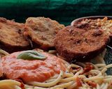 A picture of step 5 of Parmigiana with herbed spaghetti.