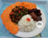 A picture of step 5 of White rice,vegetables and garnished with carrots.