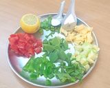 A picture of step 1 of Ajwain leaf salad with veggies and pineapple.
