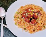 A picture of step 4 of Veg Manchurian with schezwan rice.