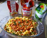 A picture of step 6 of Pasta with red chicken sauce and vegetables.