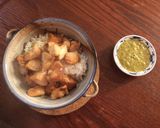 A picture of step 4 of Chicken Satay with rice.