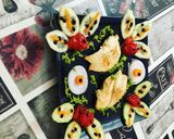 Foto del paso 4 de la receta Pechuga de pollo a la plancha con flores de pepino e hilos de puré de guisantes