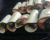 A picture of step 10 of Salmon,aubergine and spinach skewers with red pepper dressing.