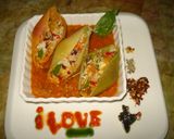 A picture of step 8 of Tricolour pasta shells stuffed with cheeseand bell peppers.