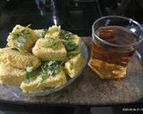 A picture of step 1 of Khaman with Apple juice homemade recipe both.