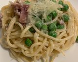 A picture of step 4 of Pasta with Peas, Prosciutto, and Parmesan Cheese.
