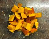 A picture of step 2 of Miso roasted squash with ginger garlic tofu and greens - vegan.