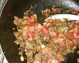 A picture of step 5 of Ugali, Managu(African nightshade) and beef.