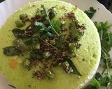 A picture of step 3 of Tadka style tri colour steam dhokla.
