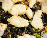 A picture of step 2 of Sea Bass and Cod with Chanterelles.