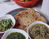 A picture of step 7 of #HBC# Jowar Panner paratha,saag,snake gaurd,banana steam subji.