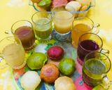 A picture of step 7 of Panipuri (7 types of water with 4 flavour  of  puries).