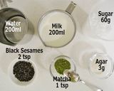 A picture of step 1 of Kanten Dessert; Matcha milk with sesames.