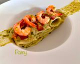 Foto del passaggio 6 della ricetta PACCHERI AL PESTO DI PISTACCHI, GAMBERI E PANCETTA