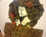 A picture of step 4 of Dandelion Ka Saag. with grape tomatoes and blue cheese.