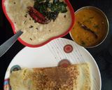 A picture of step 6 of Masala Dosa with coconut chutney & sambhar.