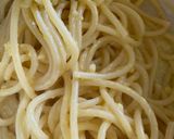 A picture of step 3 of Bucatini Carbonara.