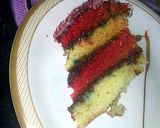 A picture of step 7 of 4 layer vanilla red cake.