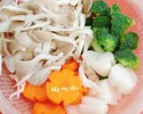 Hình bước làm 1 của món Nui tôm,gà nấm và rau củ