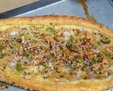 A picture of step 6 of Turkish veggi pide with egg.