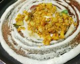 A picture of step 11 of Masala Dosa, sambar, coconut, dhania chutney.