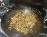 A picture of step 3 of Desi style fried rice with green chutney.