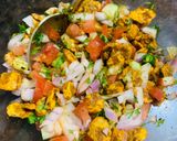 A picture of step 2 of Chana jor chat (flattened chickpeas).