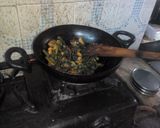 A picture of step 9 of Kumro shaak with chingri mach and dal a tasty lunch.