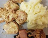 A picture of step 9 of Garlic & Ginger Pork with Creamy sauce. And mashed potato.