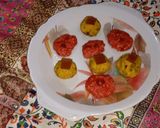 A picture of step 13 of Kaju ki burfi (cherries 🍒 and rose flavour) and laddoo (pan flavour).