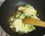 A picture of step 3 of Burmese samosa curry with saffron rice.