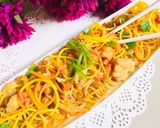 A picture of step 9 of Chowmein with coloured spaghetti 🤗🤗🤗.
