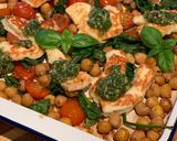 A picture of step 6 of Halloumi with pesto, balsamic tomatoes, spinach and chickpeas.