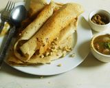 A picture of step 4 of LUNCH IS SERVED: Little millet dosai with onion sambar, curry leaf chutney and mung sprouts.