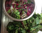 A picture of step 1 of Sautéed Beet Greens with Garlic and Bacon.