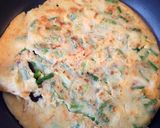 A picture of step 9 of Scallion Pancakes ("Chijimi") with spicy dipping sauce.