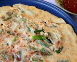 A picture of step 10 of Scallion Pancakes ("Chijimi") with spicy dipping sauce.