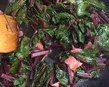 A picture of step 4 of Sautéed Beet Greens with Garlic and Bacon.